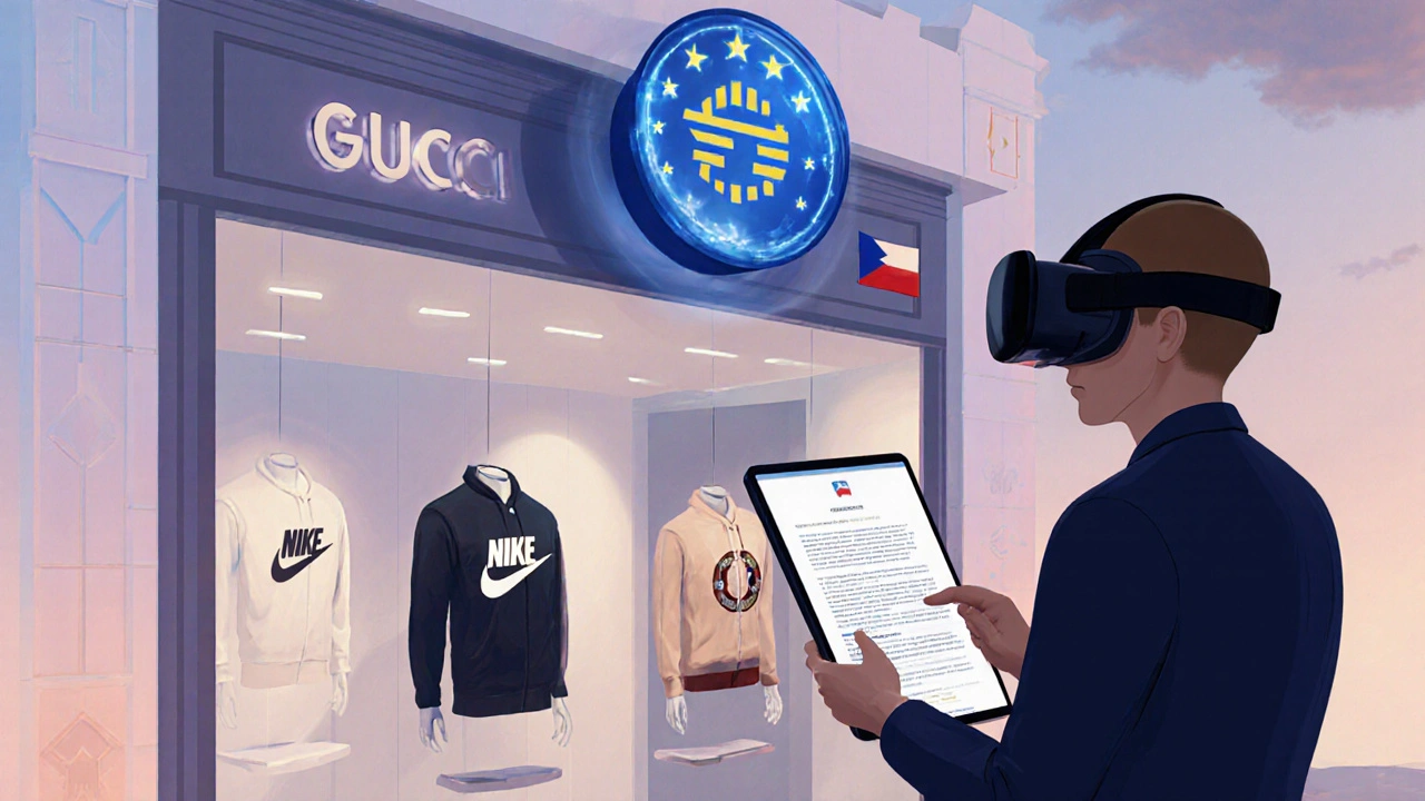 Budoucí virtuální obchod s módními značkami, regulační pečetí a uživatelem ve VR.