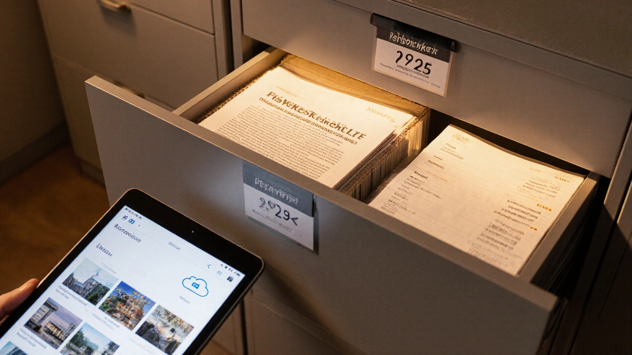 Archivace dokumentů rekonstrukce: složka, papíry, digitální soubory a fotky prací.