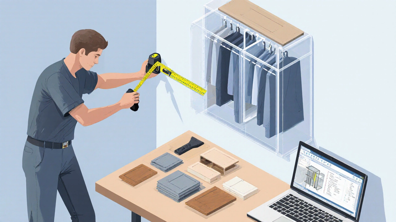 Designer měří zeď a zobrazuje 3D model vestavěné skříně s materiálovými vzorky.