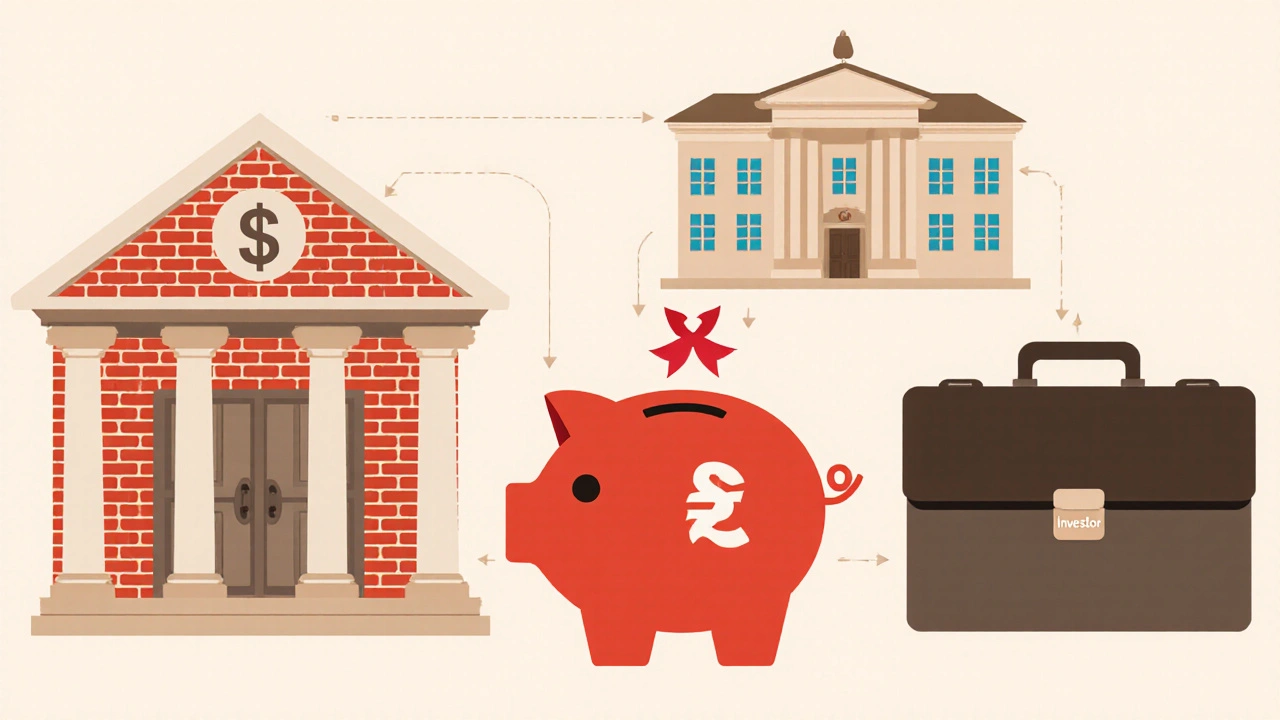 Ilustrace ukazuje různé zdroje financování: banka, spoření, státní podpora, investoři.