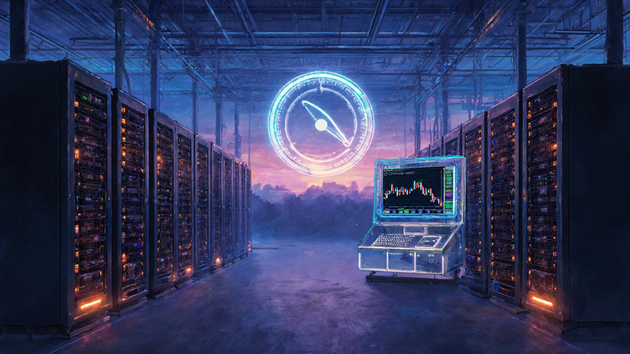 Inaktivní těžební farmy a padající ukazatel hashrate v temném prostředí.