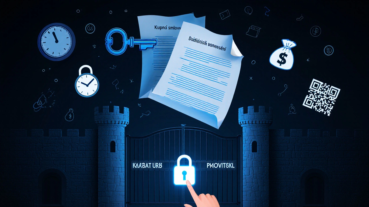 Klíč z právních dokumentů otevírá zámek katastru nemovitostí, symbolizující přístup k prodeji nemovitosti.