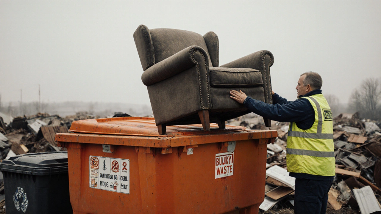 Křeslo na sběrném dvořku, pracovník ho naloží do velkého koše.