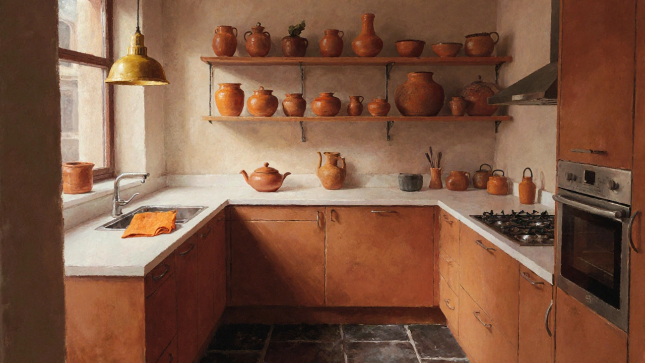 Malá kuchyně s matnými terakotovými škatulkami a ručně vyrobeným keramickým nádobím pod teplým světlem.