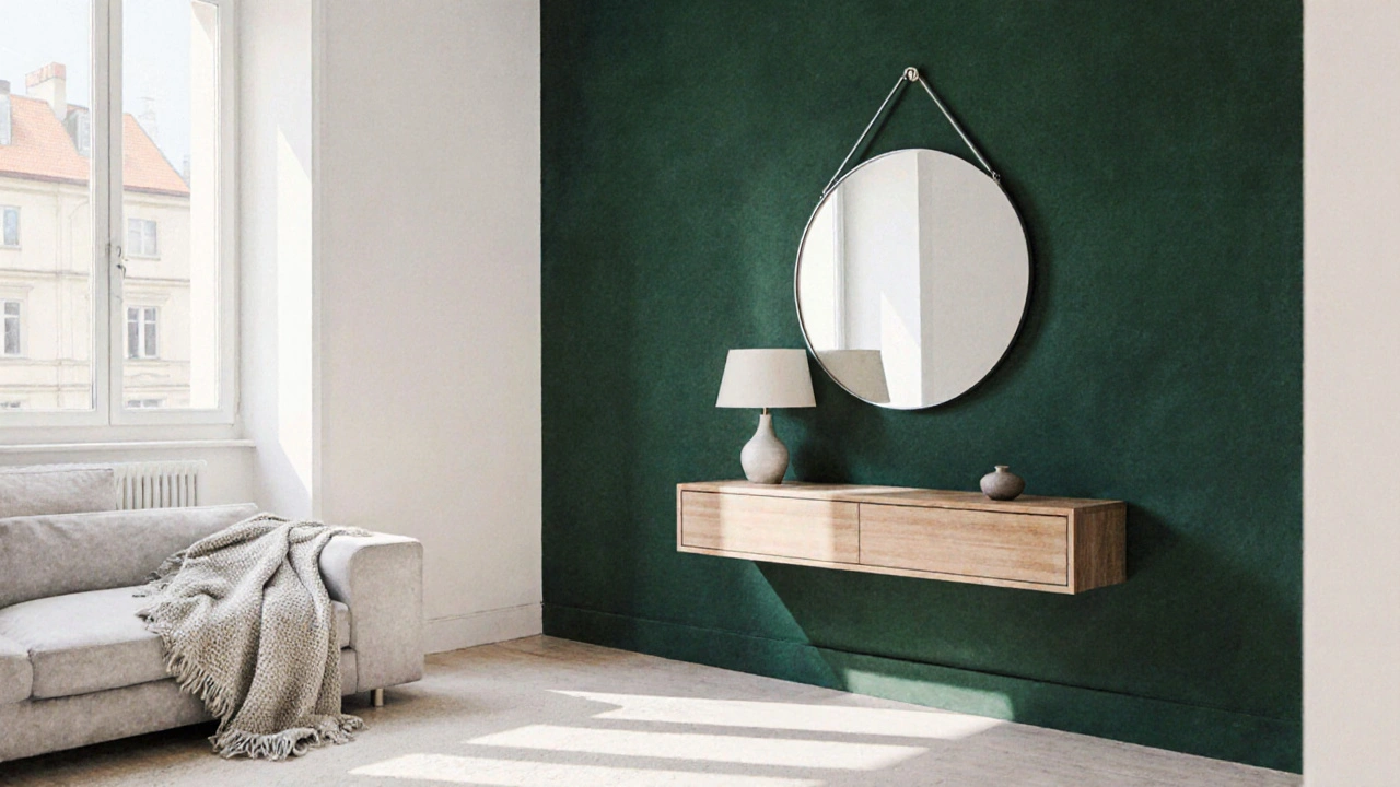 Minimální interiér s tmavou akcentovou stěnou, jedním velkým obrazem a textilními detaily bez přetížení.