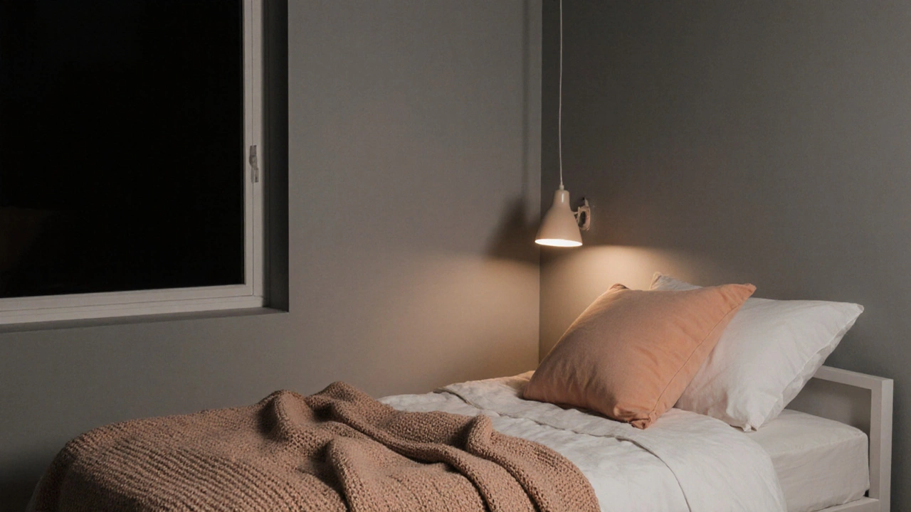 Minimální ložnice s jemným broskvovým polštářem a dekou na šedém posteli, osvětlená teplou lampou.