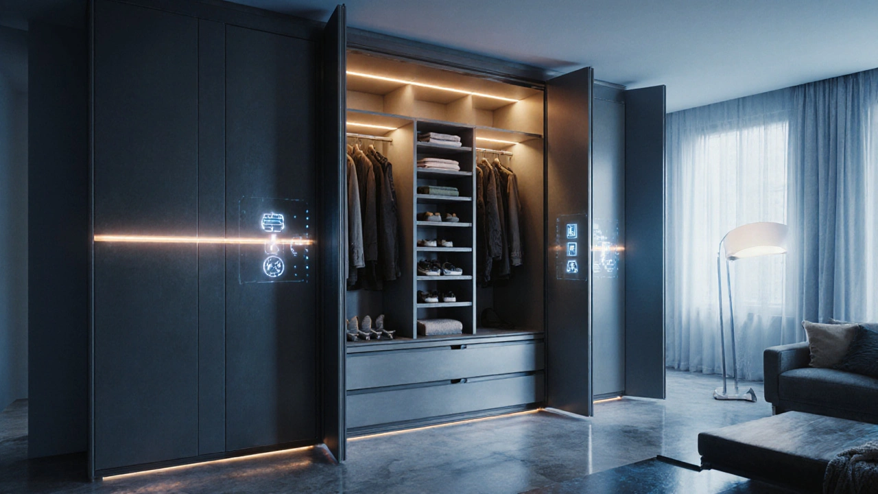 Moderní vestavěná skříň s LED osvětlením a dotykovým panelem v futuristickém bytě.