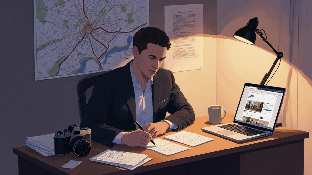 Nezávislý makléř pracuje v domácí kanceláři s fotografiemi a notebookem.