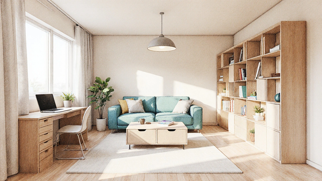 Obývací prostor rozdělený na zóny s modulárním nábytkem.