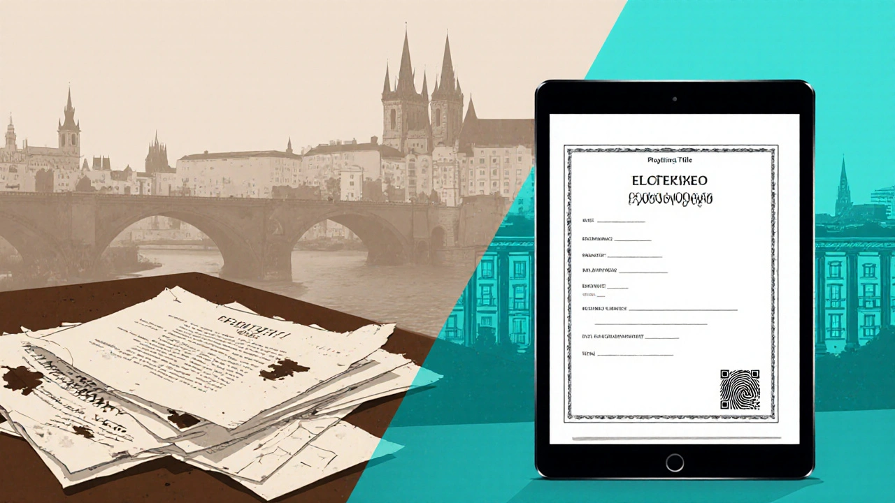 Porovnání starých papírových dokumentů a moderního elektronického titulu vlastnictví s biometrickým skenem.