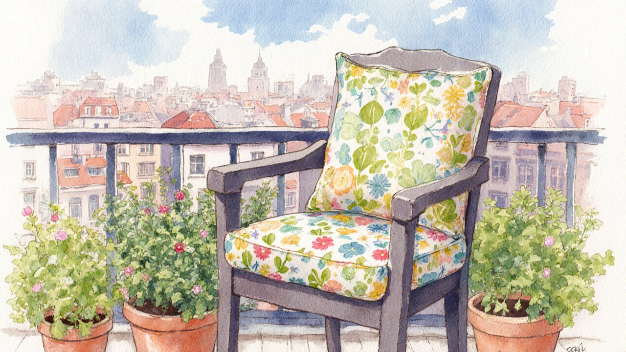 Přetvořené křeslo jako balkonový odpočinek s květinami.