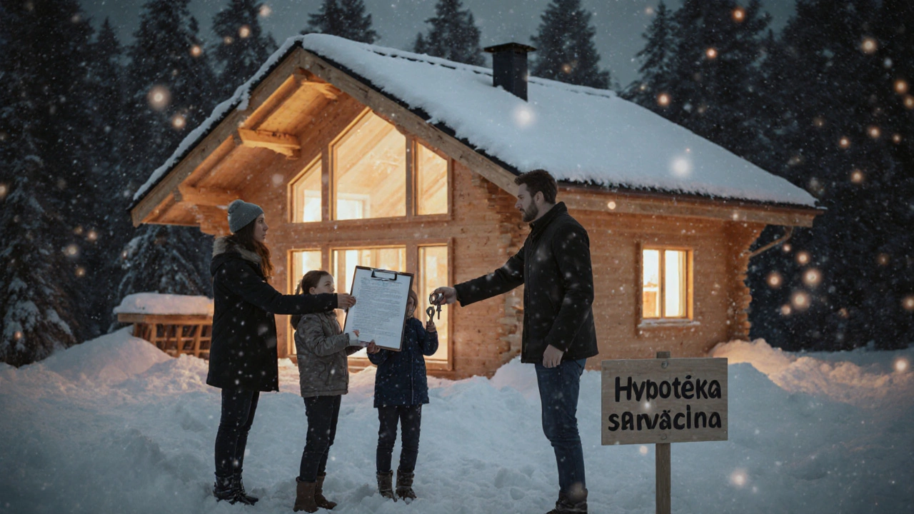 Rodina přebírá klíče od nového dřevěného domu v zimě, bankéř s kontraktem, teplé osvětlení.