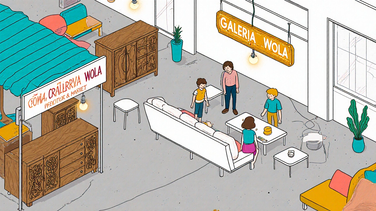 Rodina vyzkouší moderní pohovku v Galerii Wola ve Varšavě, obklopená designovým nábytkem.