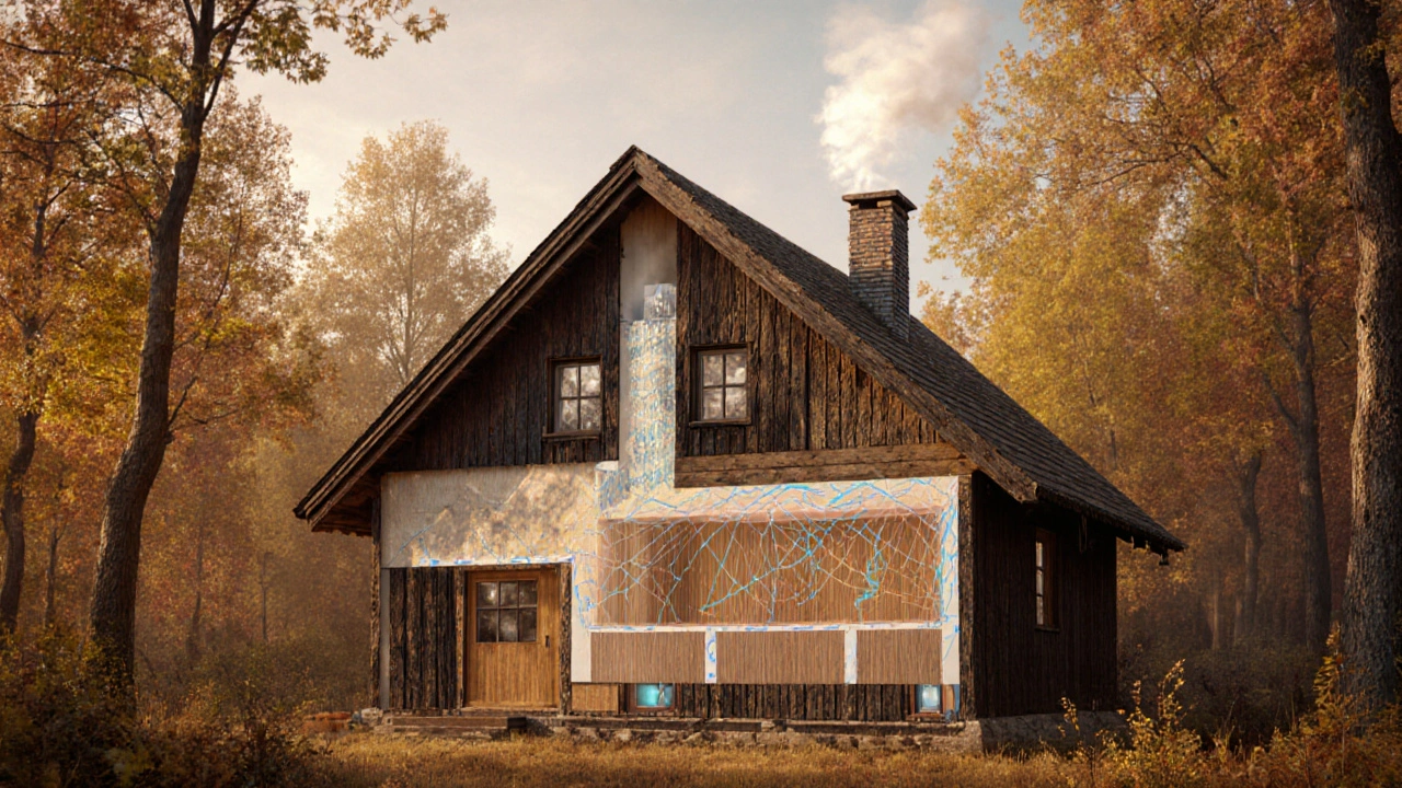 Stará, dobře udržovaná dřevostavba v podzimní krajině s viditelnou tepelnou izolací a absorpcí CO2.
