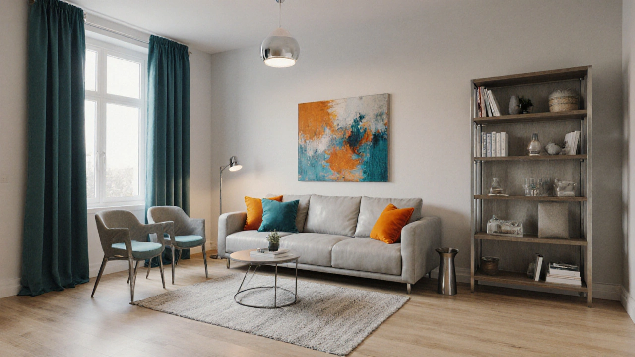 Upravený byt s barevným schématem 60‑30‑10 a různými materiály.