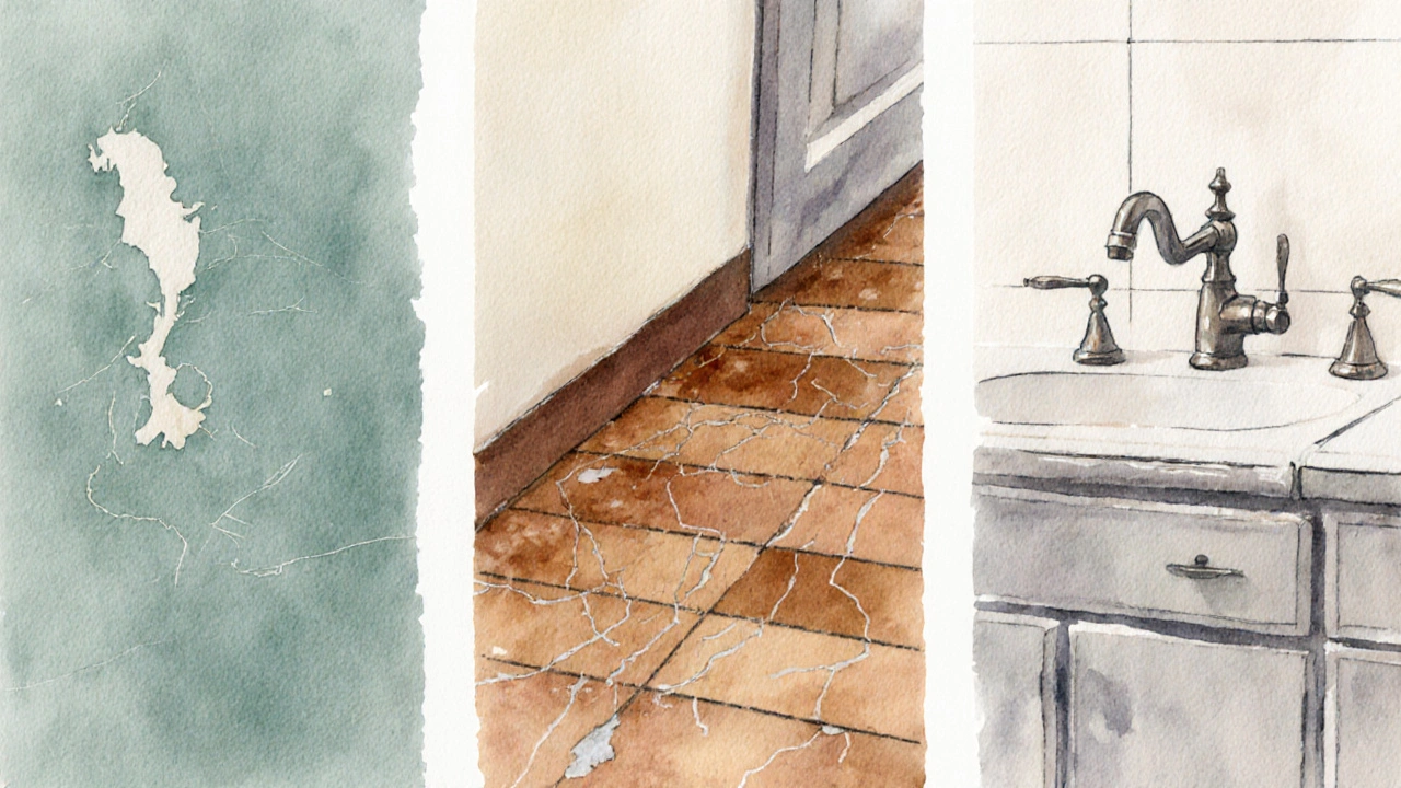Vodová ilustrace ukazuje opotřebené zdi, podlahu a kuchyňskou skříňku.