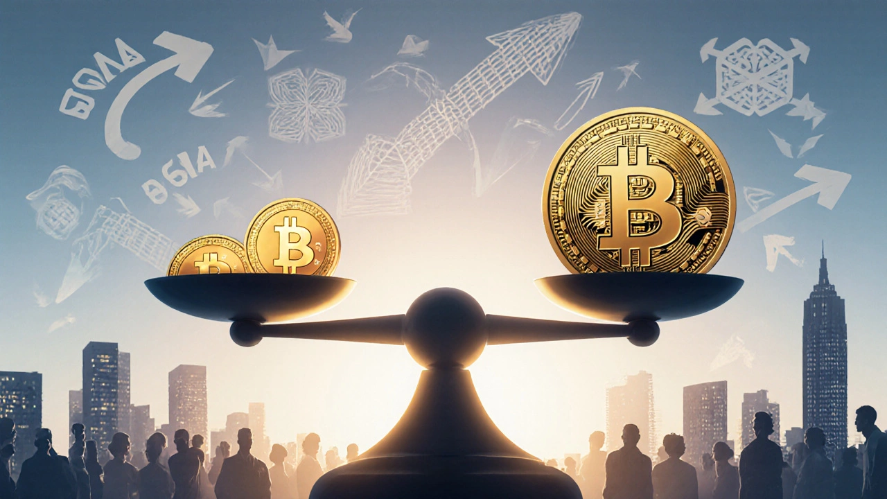 Vyvážená váha zobrazující stablecoiny, Bitcoin a investiční strategie během medvědího trhu.