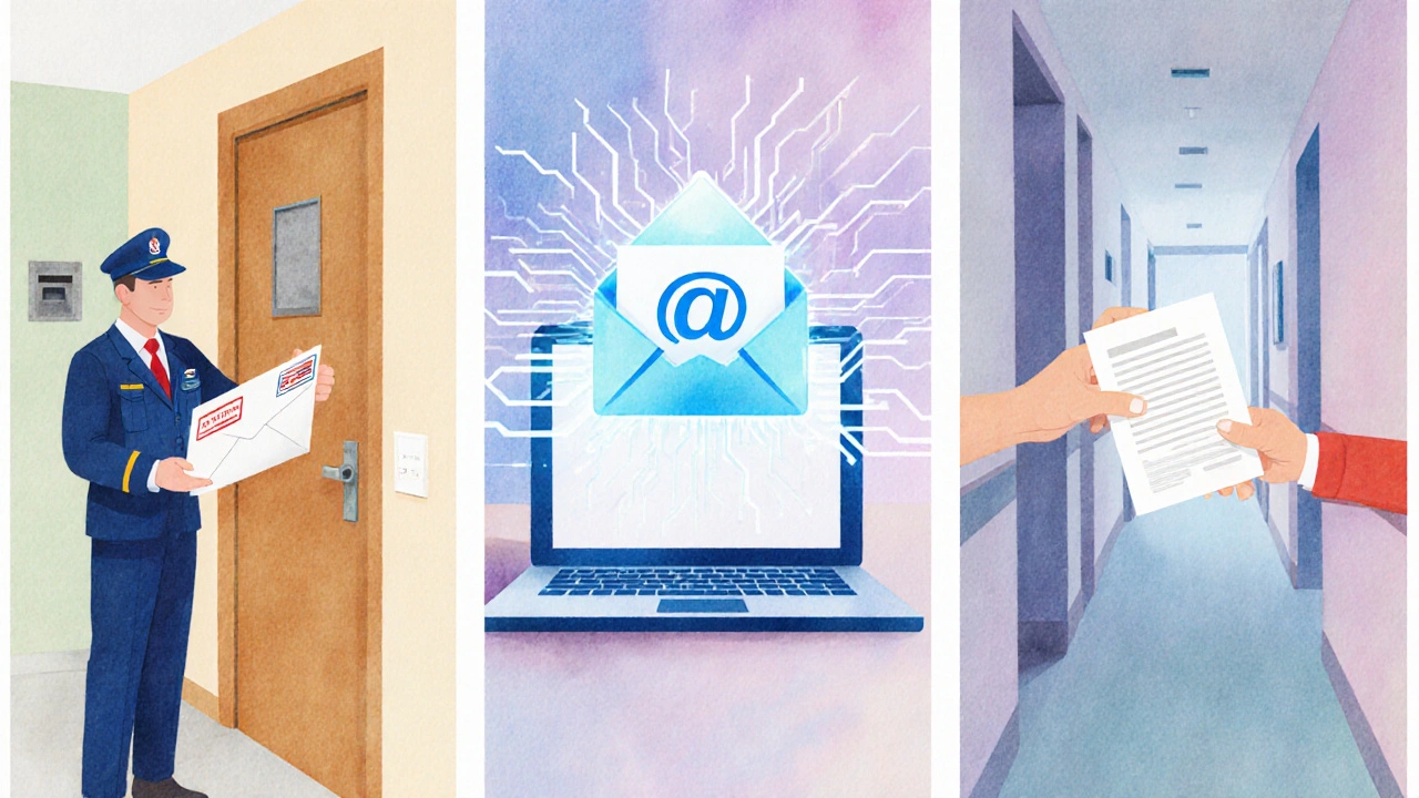 Zobrazení tří způsobů doručení: dopis, e‑mail a osobní předání dokumentu.