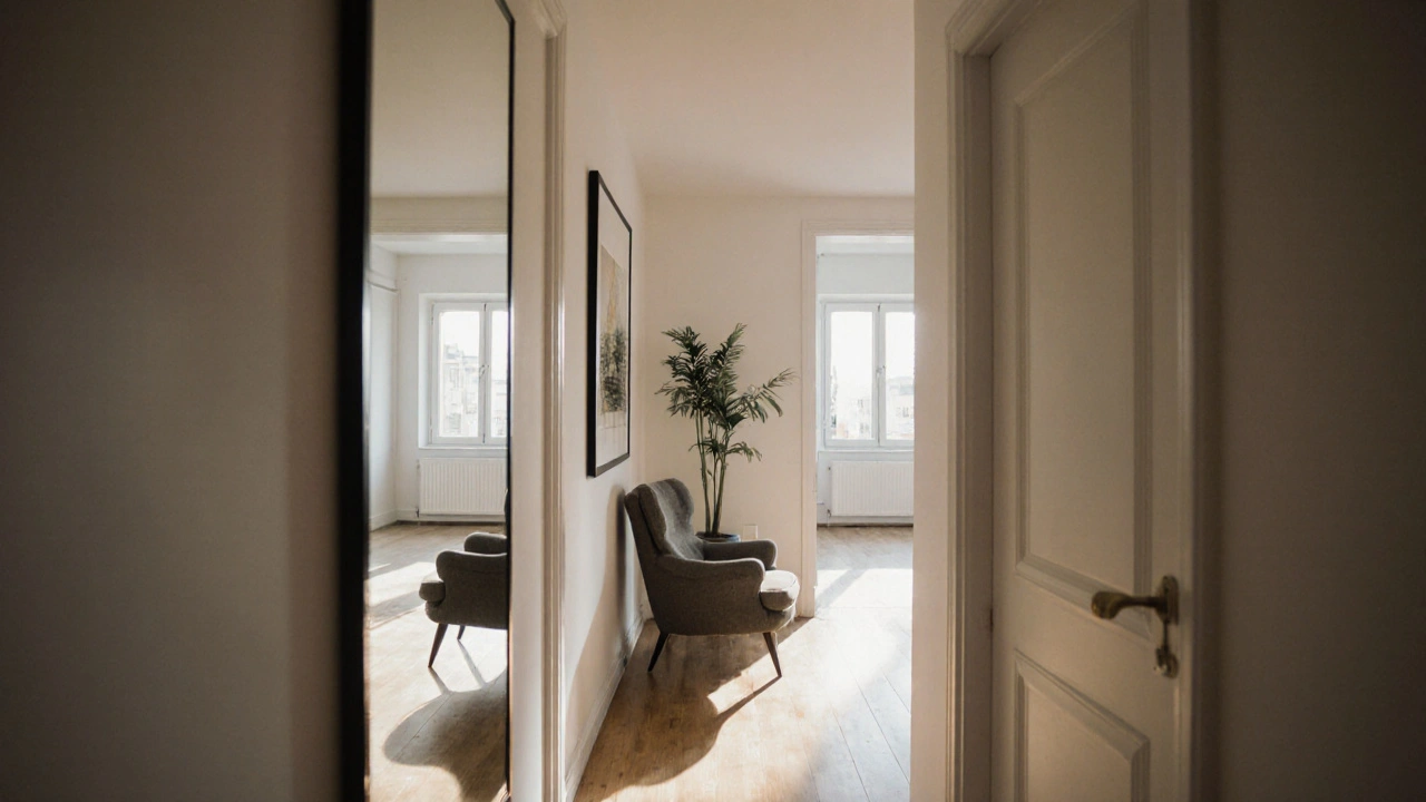 Zrcadlo odrážející prostor v úzkém chodbě, vytvářející iluzi většího bytu bez rekonstrukce.