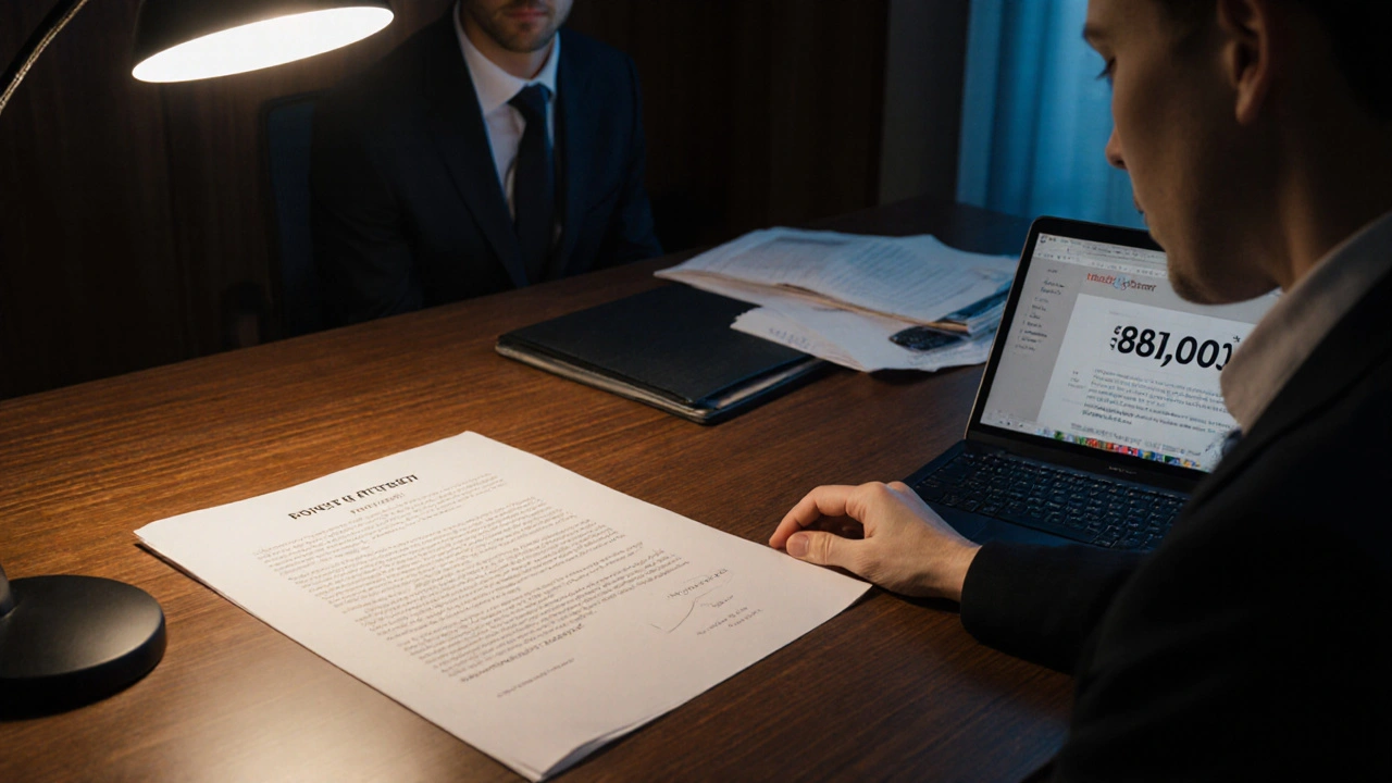 Advokát přehlíží smlouvu o koupi nemovitosti v kanceláři, klient sleduje s obavami.