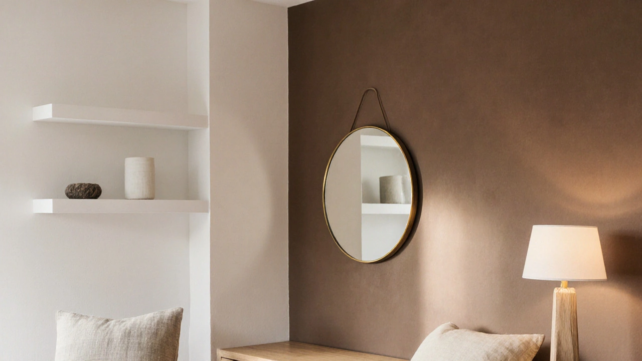 Akcentní stěna Mocha Mousse v malém bytě, vyvážená bílými regály a teplým světlem, s jemným zlatým zrcadlem.