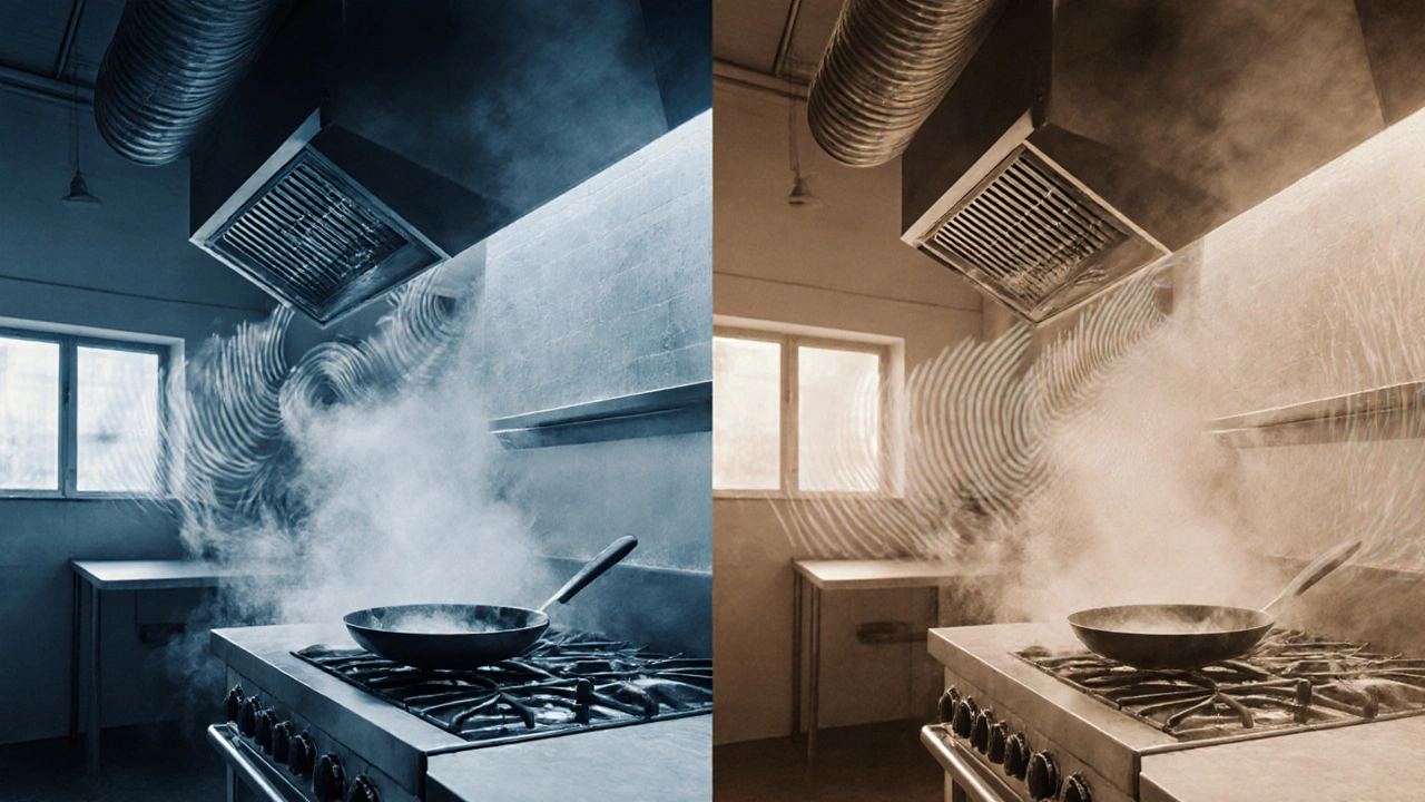 Before-and-after view: chaotic noisy kitchen vs. quiet modern kitchen with acoustic solutions, sound waves fading from loud to calm.