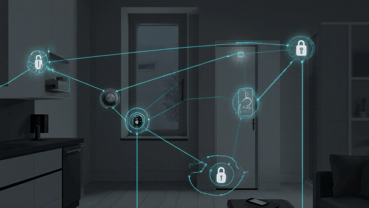 Chytrý byt s neviditelnými spojeními zařízení, která aktivují bezpečnostní scénář při odjezdu.