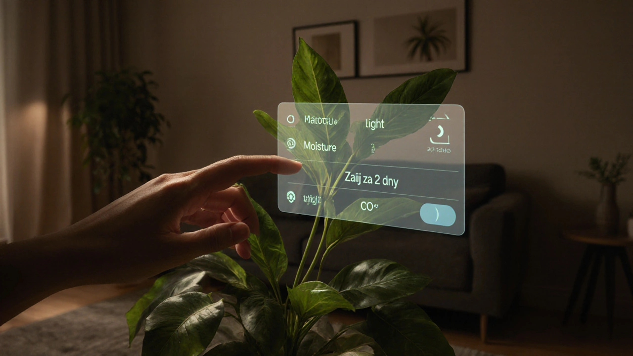 Člověk se dotýká rostliny, která zobrazuje digitální data o zdraví — budoucnost domácího ekosystému.