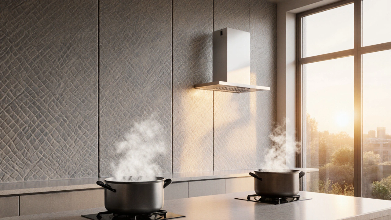 Decorative acoustic panels on kitchen wall absorbing sound waves, gentle ripples visible, warm lighting, no visible noise sources.