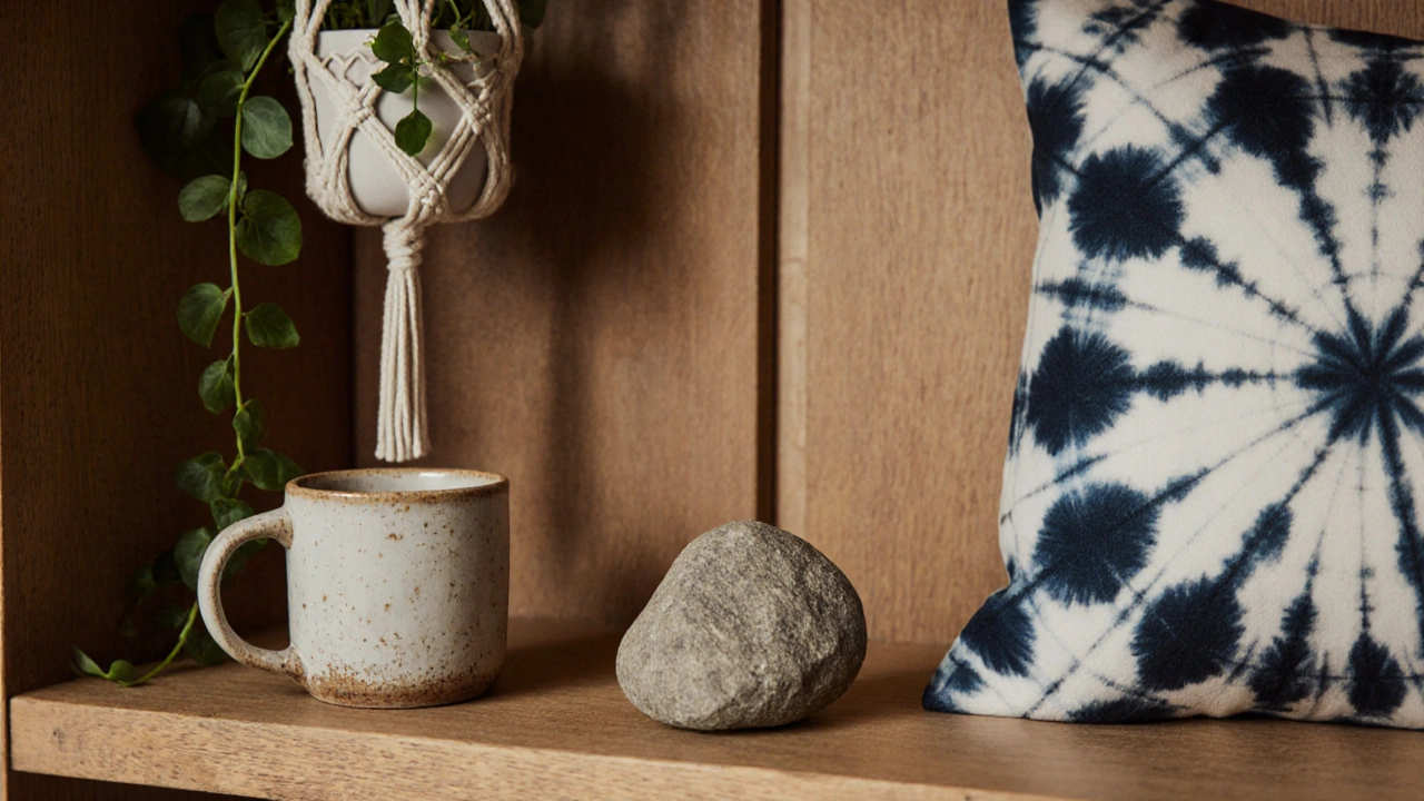 Detail poličky s autentickými předměty: keramická šálka, kámen a ručně vyrobený polštář s etnickým vzorem.