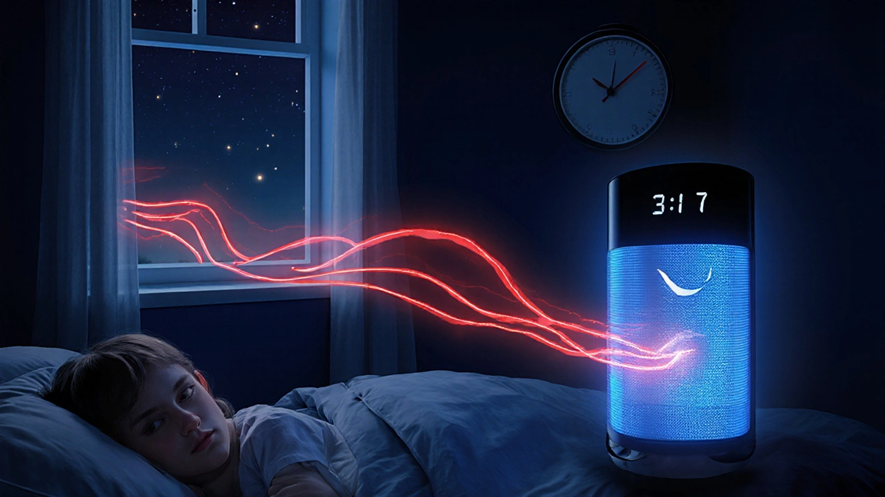 Dětský pokoj v noci s viditelnými vlnami CO₂, čistička vzduchu se zapíná, digitální hodiny ukazují 3:17.