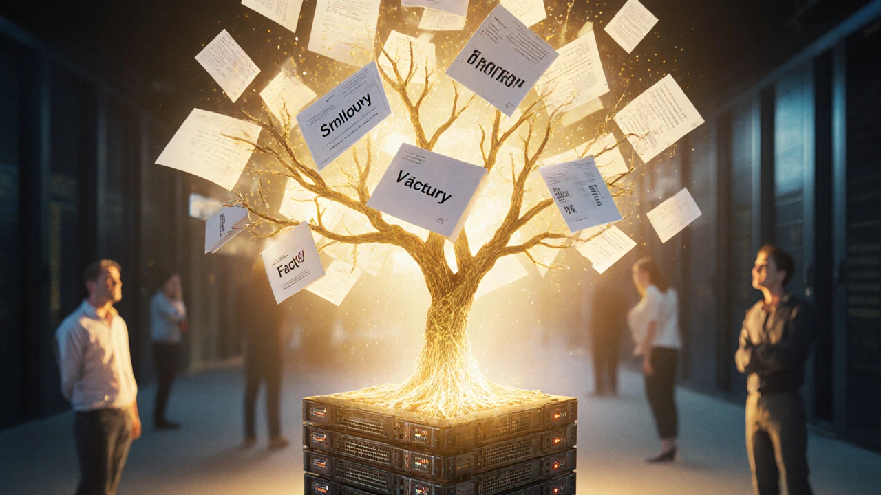 Digitální archív jako strom z digitalizovaných dokumentů rostoucí z serveru, symbolizující přechod od papíru k cloudu.