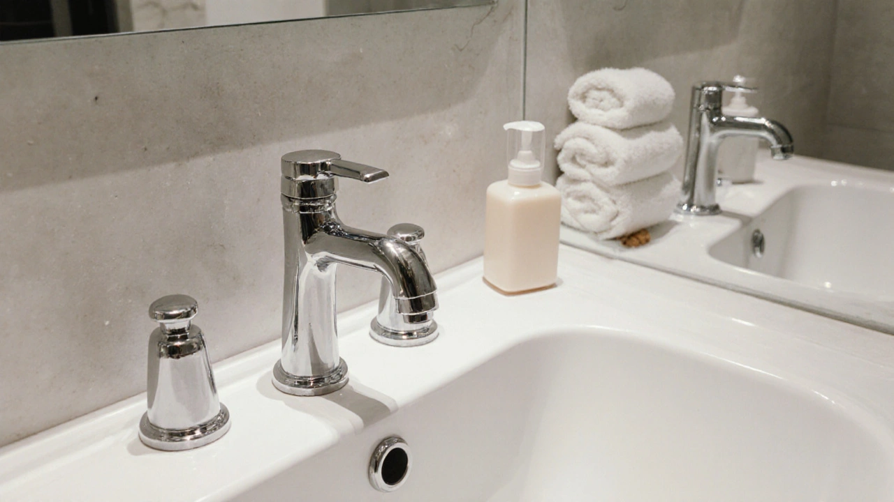 Dokonale čistá koupelna s jen několika základními předměty, bez špíny a nepořádku.