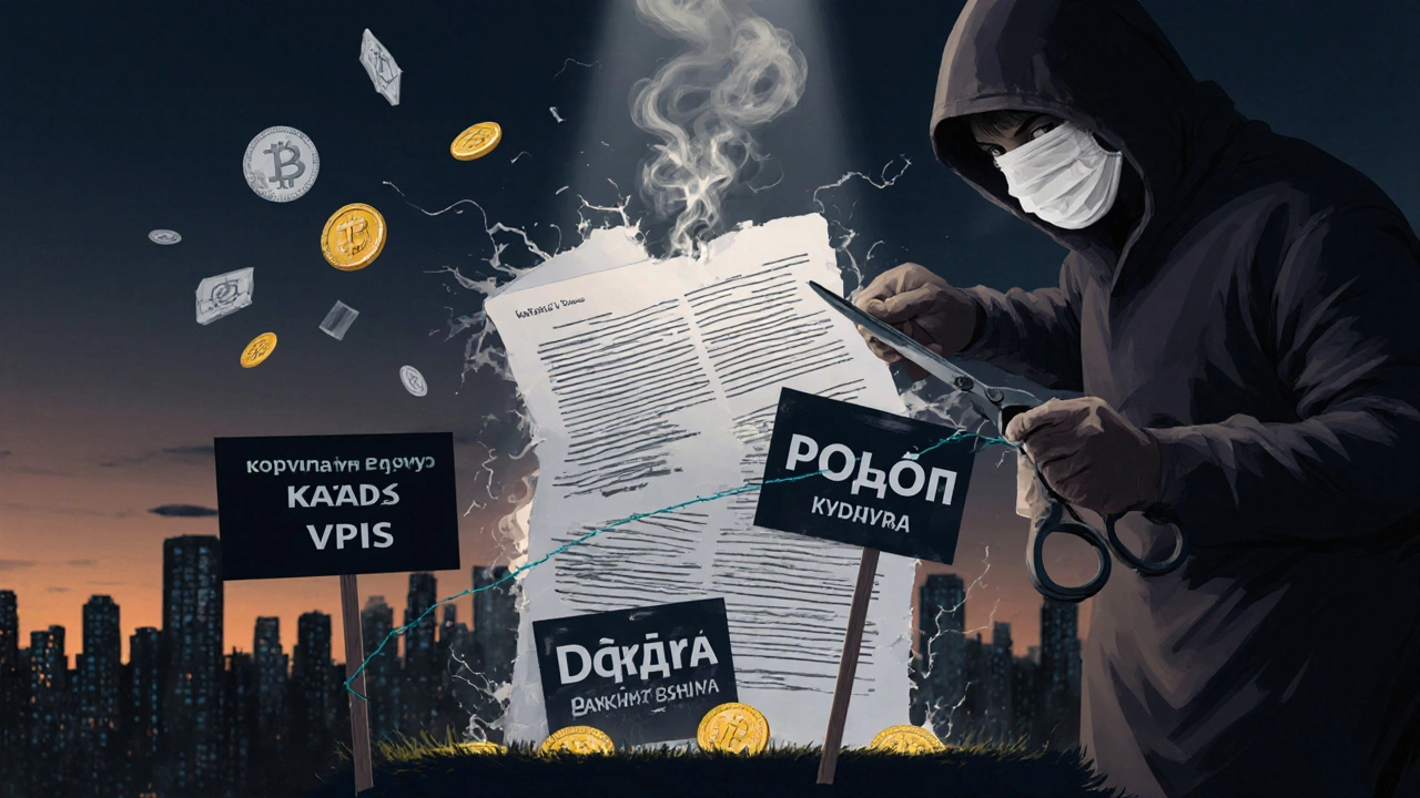 Dům z dokumentů se řítí, když někdo přeřízne nit důvěry, za ním kryptoměny a podvod.