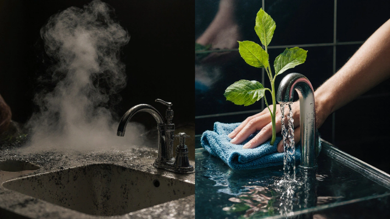 Dvě strany koupelny: znečištěná vs. čistá, s přírodní regenerací.