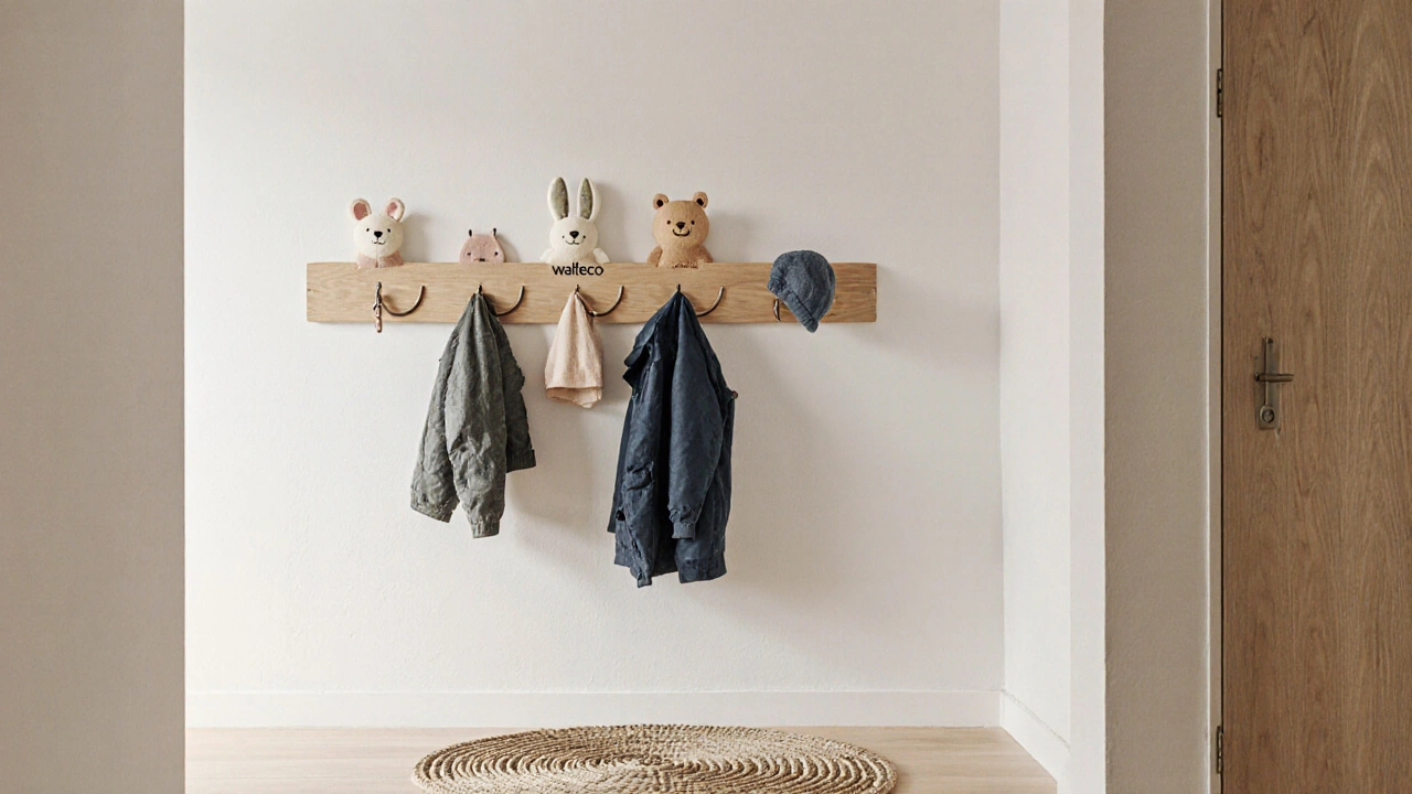 Dvojité věšáky v předsíni: dolní pro děti ve výšce 120 cm, horní pro dospělé ve výšce 165 cm.