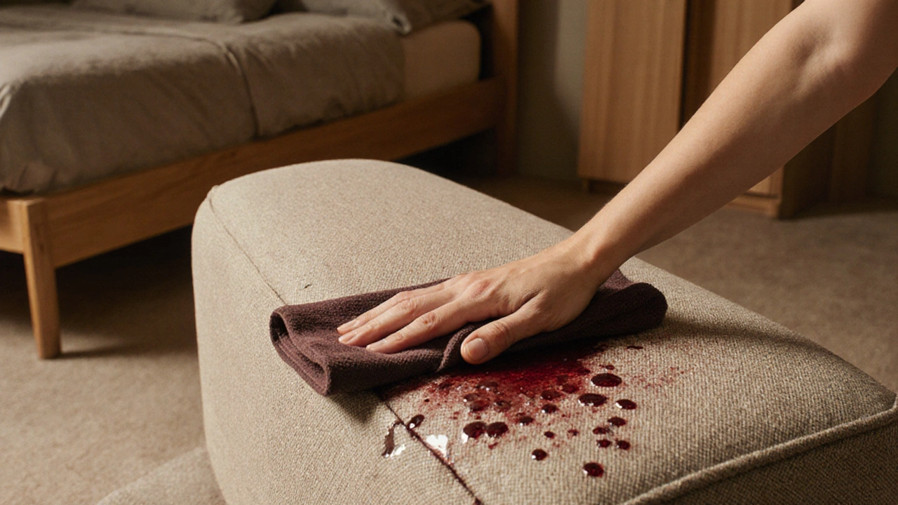 Hand wiping wine spill from stain-resistant sofa fabric, showing clean surface and minimalist interior.