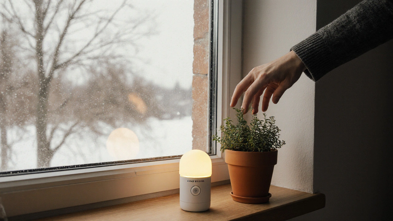 IKEA VINDSTYRKA senzor na okenním prahu s žlutým světlem, ruka otevírá okno, minimalistický interiér.