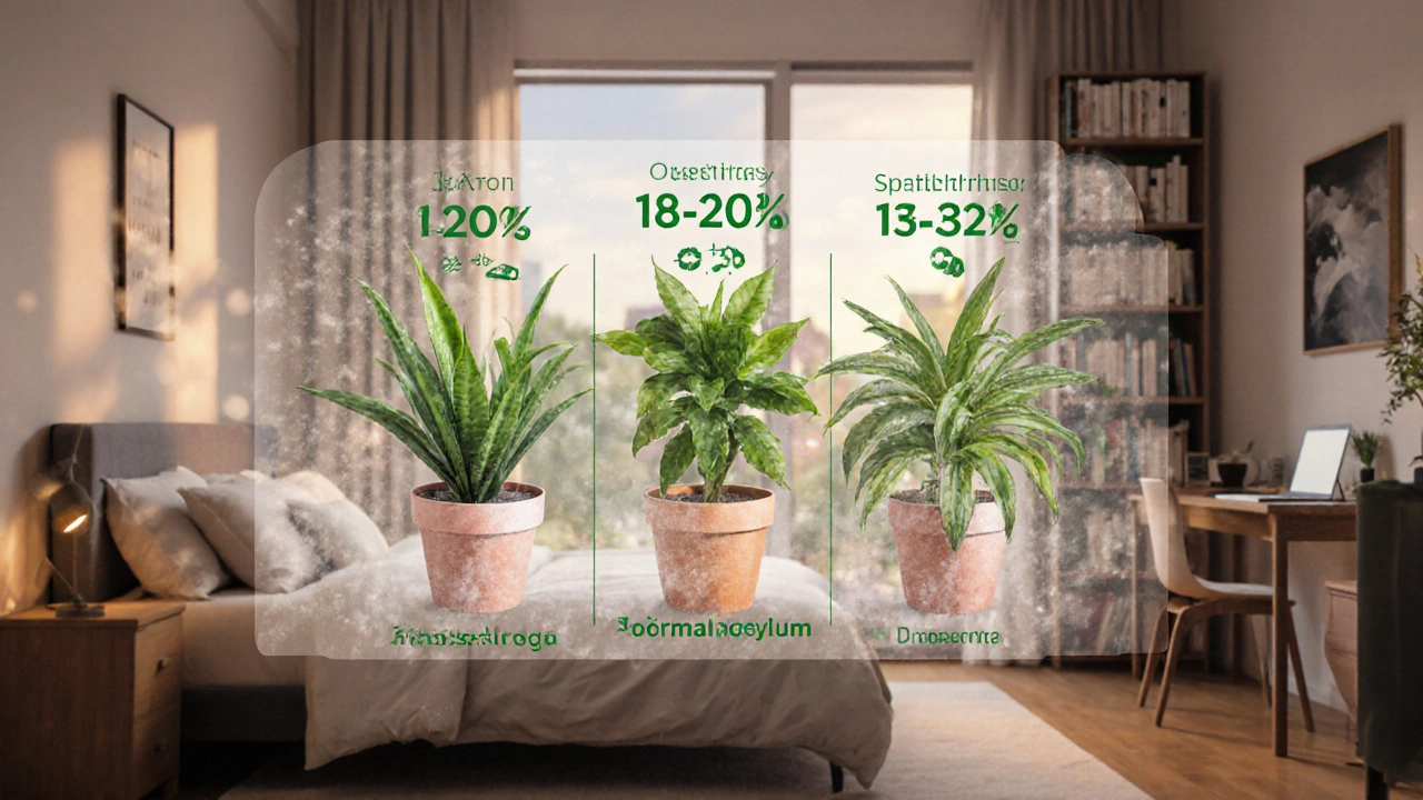 Ilustrace, jak rostliny čistí vzduch v bytě — snižují CO2 a škodlivé látky, vizuální přehled v podobě vodové malby.