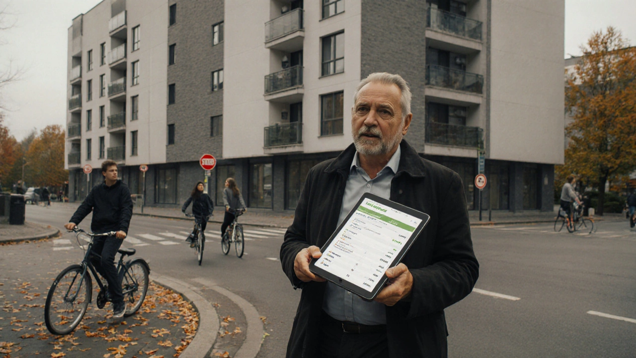 Investor prochází ulicí v Liberci s tabletou, blízko univerzity a zastávky.