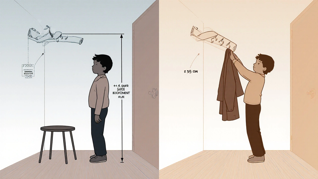 Koncepční obrázek s antropometrickým diagramem ukazujícím správnou výšku háčku pro dítě.