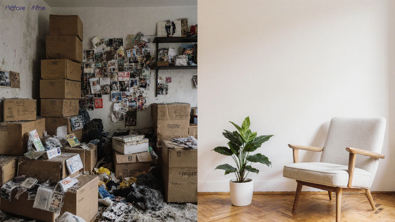 Konceptuální obrázek před a po: zmatek vs. čistý, přitažlivý prostor pro prodej nemovitosti.