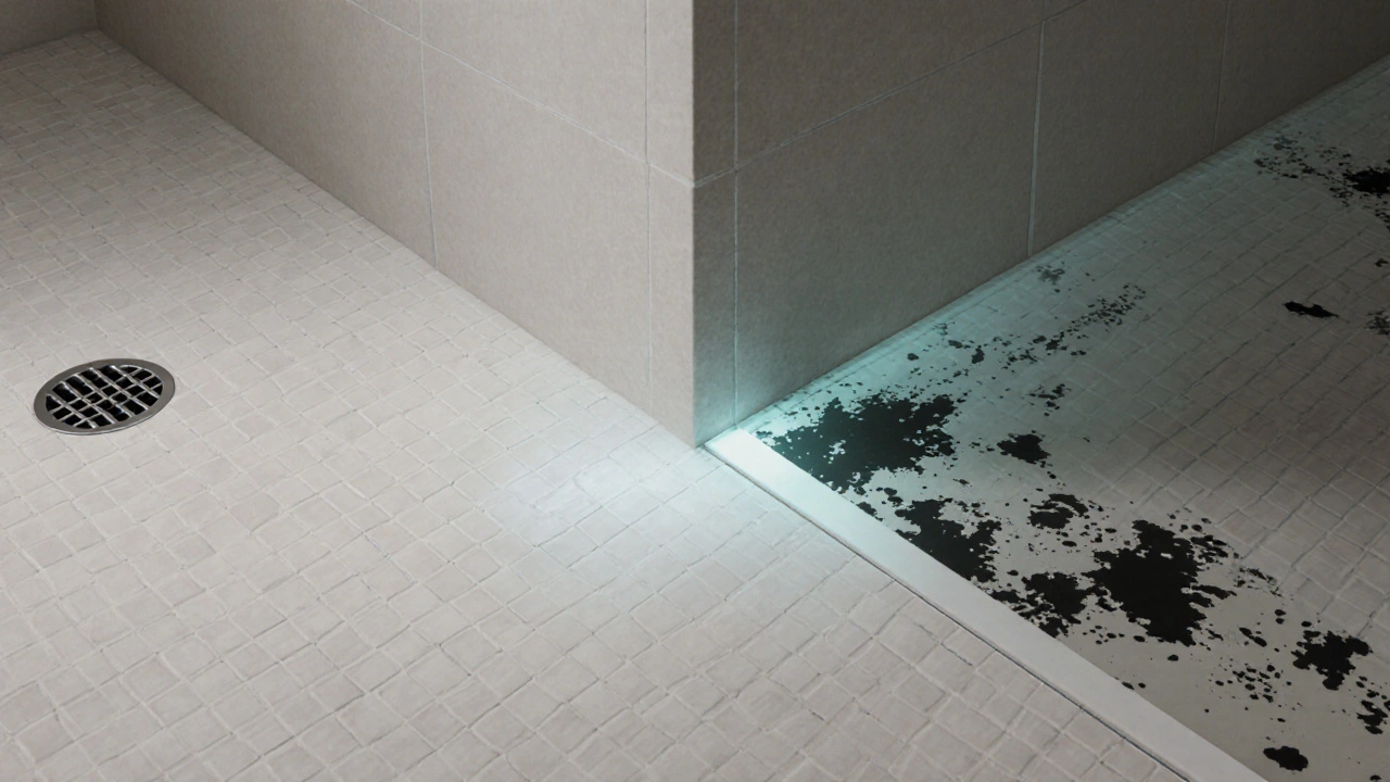 Konceptuální obrázek špatného spádu koupelny s hromaděním vody a plísní v rohu.