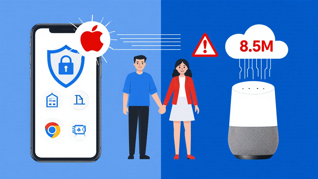 Kontrast mezi bezpečným Apple Home a rizikovým Google Home v české domácnosti.