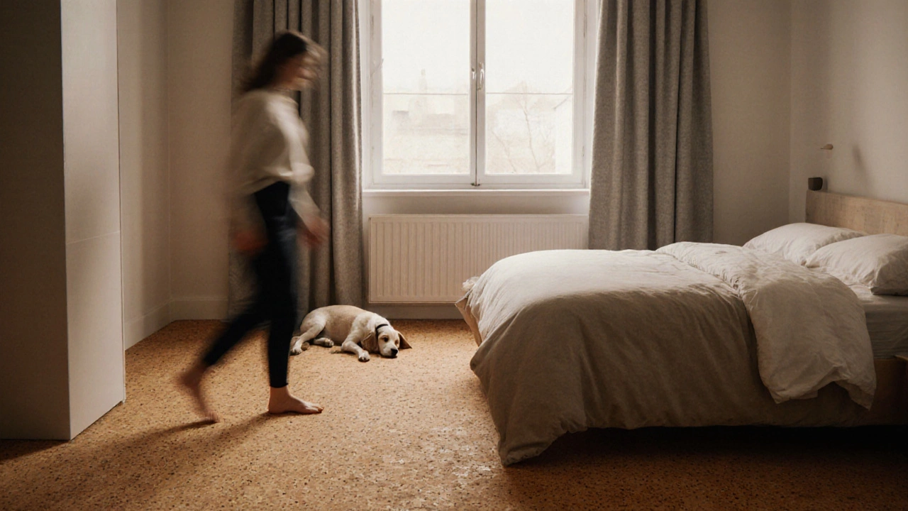 Korková podlaha v klidné ložnici s přirozenou texturou a teplými záclonami.