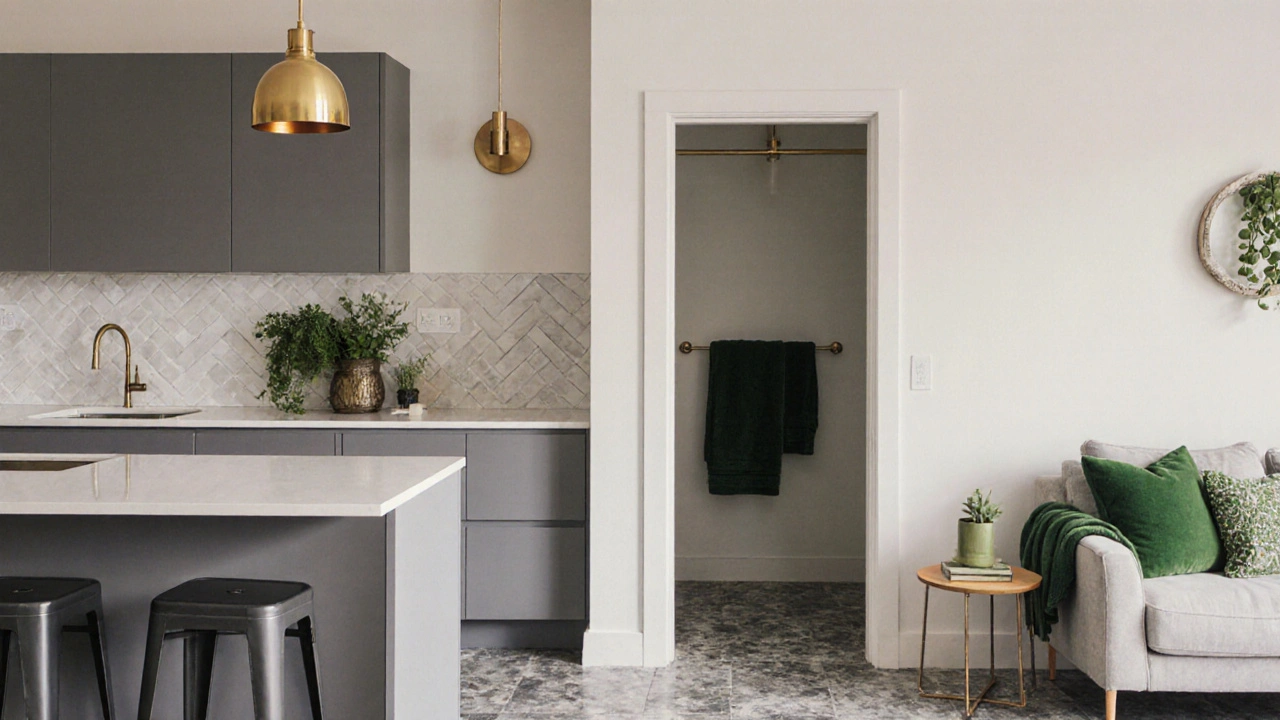 Kuchyně, obývací pokoj a koupelna spojené stejnou podlahou, zelenými ručníky a mosaznými lampami.