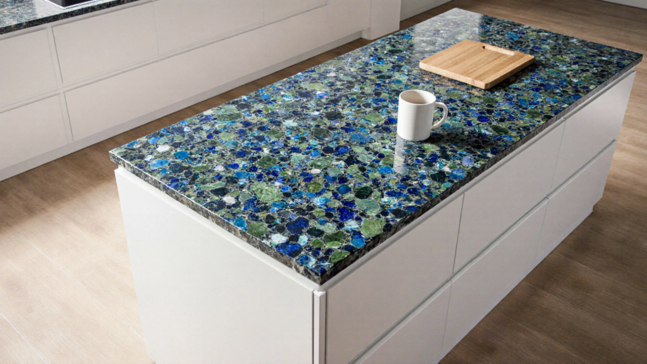 Kuchyňský ostrov z epoxidového terrazzu s modrými a zelenými kameny na hladkém, lesklém povrchu.
