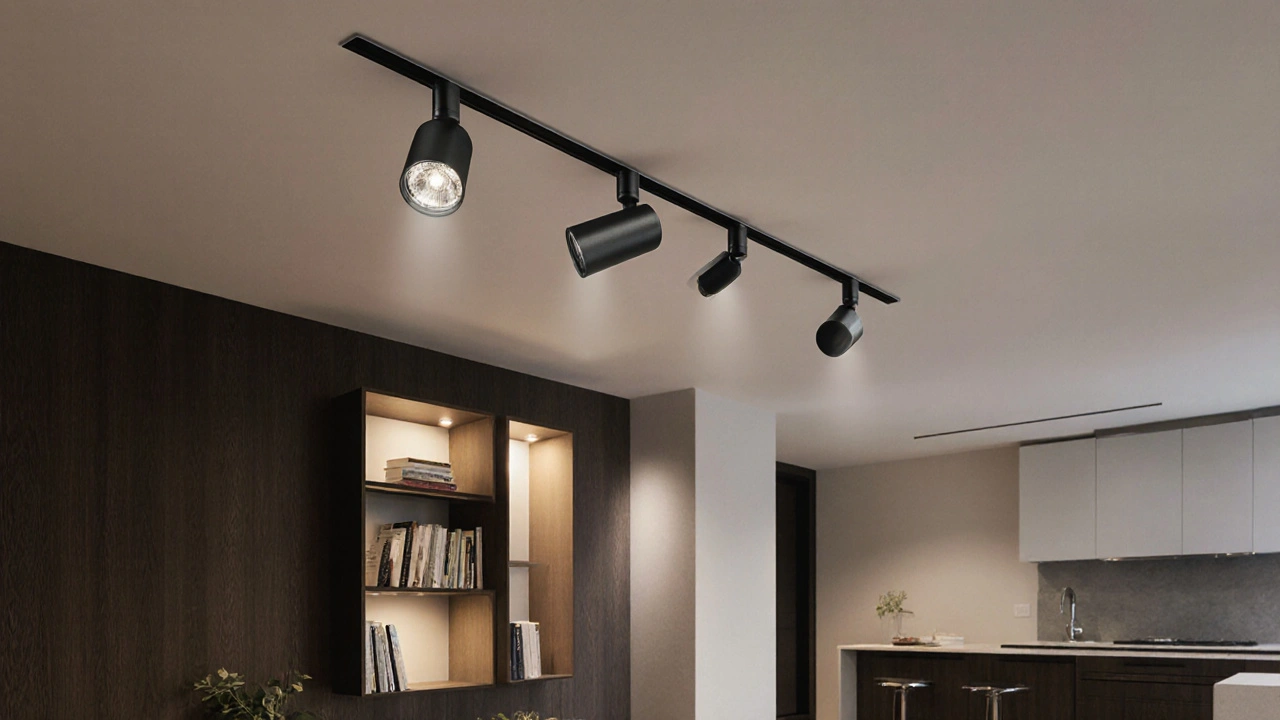 Magnetická kolejnice na stropě s přesunutelnými svítidly osvětluje knihovnu, pracovní plochu a koutek.