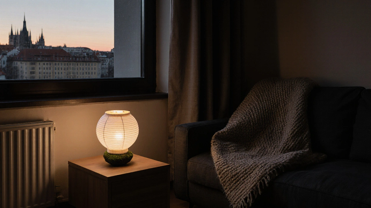 Malý obývací pokoj s nízkým nábytkem, jednou lampou a kamenem, vytvářející klidnou atmosféru.