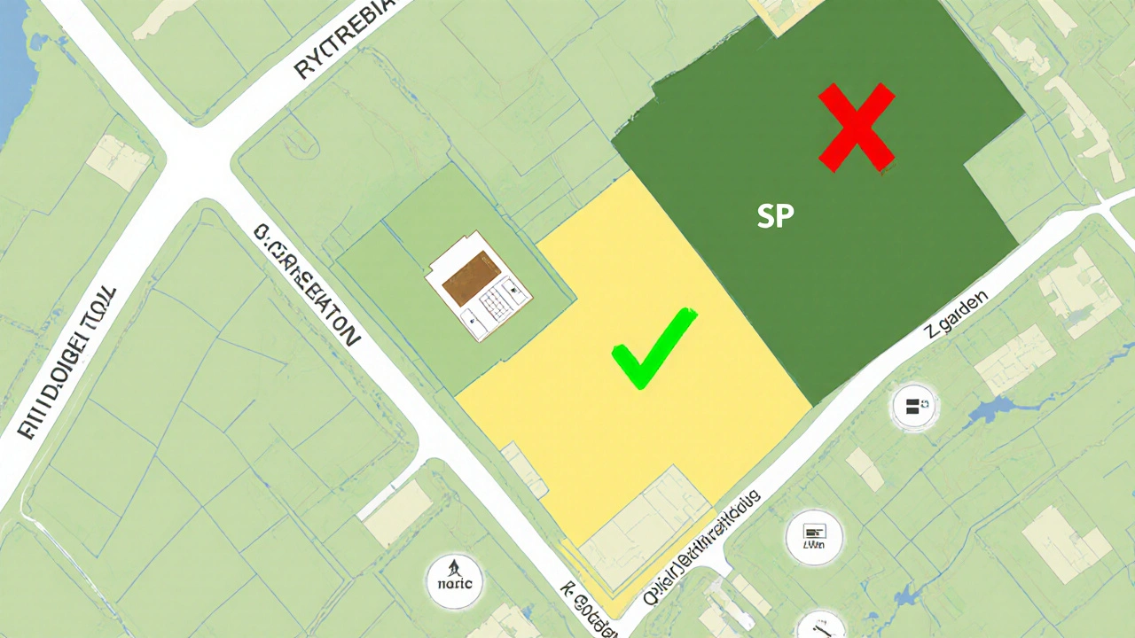 Mapa územního plánu s kódováním pozemků: SP a Z v zelené, OP v žluté, s označením legálních a ilegálních staveb.